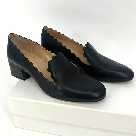 Chloe Leather Scalloped Accent Pumps Loafer Heel - Picture 1 of 9
